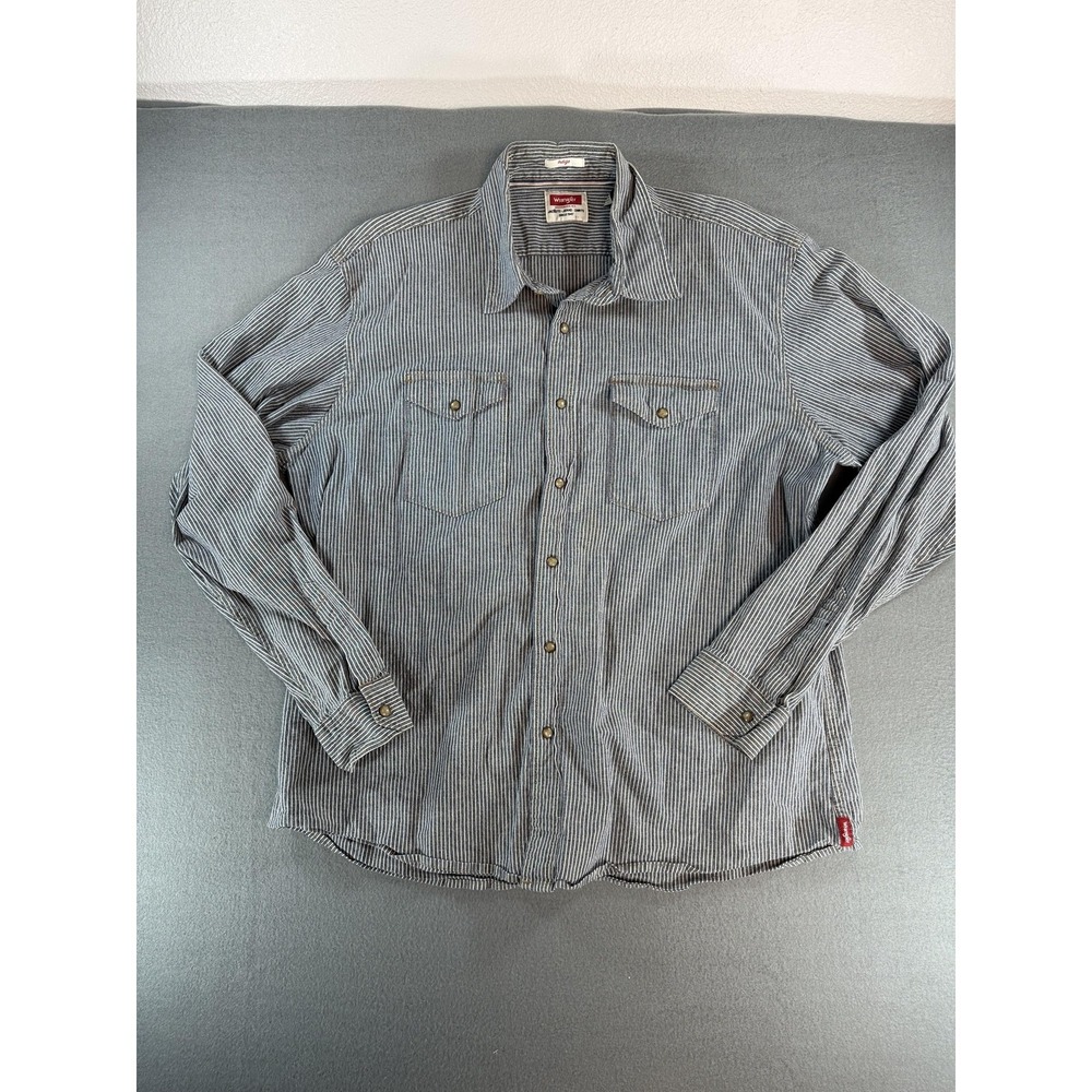 Wrangler‎ Shirt Mens 2XL Blue Striped Western Snap Button Up Casual Workwear